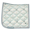 A equestrian dressage saddle pad with a floral design featuring a meadow and dragonflies, in a quilted pattern with blue trim.