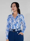 Dapplebay Equestrian Toile 1/4 Zip Light Riding Top - Long Sleeve-Blue/White