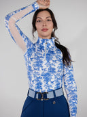 Dapplebay Equestrian Toile 1/4 Zip Light Riding Top - Long Sleeve-Blue/White