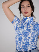 Dapplebay Equestrian Toile 1/4 Zip Light Riding Top - Short Sleeve-Blue/White