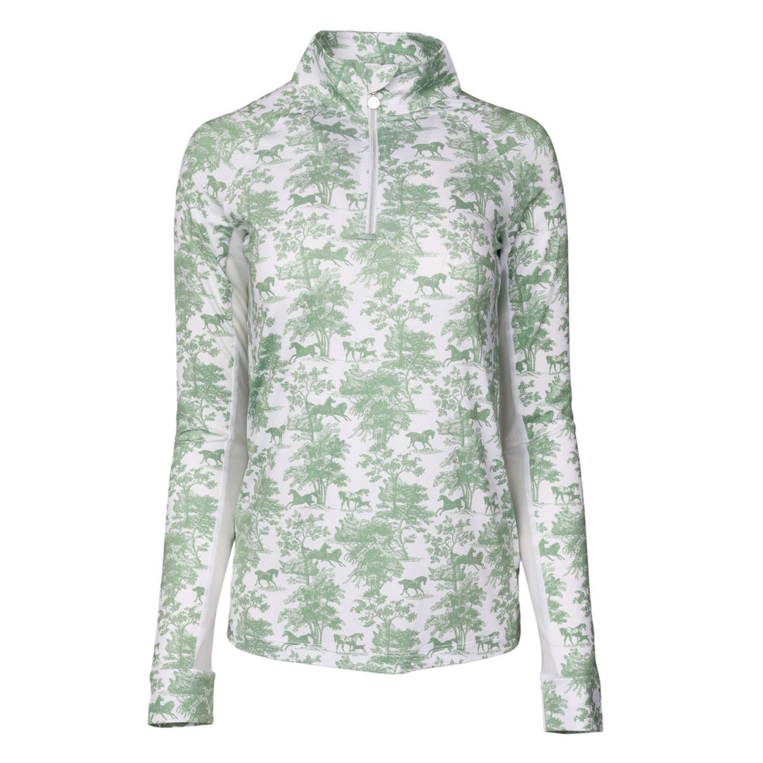 Dapplebay Equestrian Toile 1/4 Zip Light Riding Top - Long Sleeve-Green/White