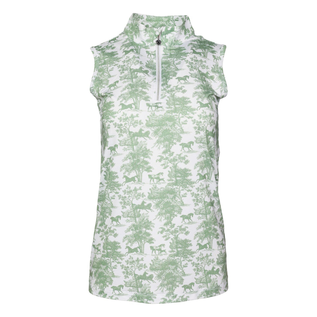Dapplebay Equestrian Toile 1/4 Zip Light Riding Top - Sleeveless-Green/White