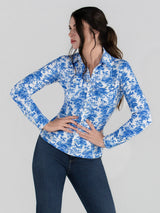Dapplebay Equestrian Toile Button Down Western Shirt-Blue/White