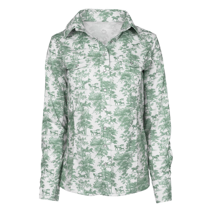 Dapplebay Equestrian Toile Button Down Western Shirt-Green/White