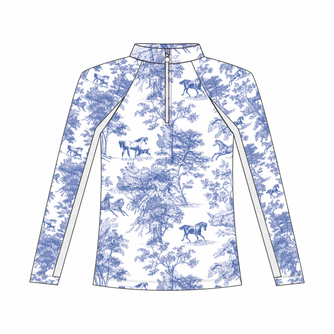 Dapplebay Kids Blue Equestrian Toile 1/4 Zip - Long Sleeve - Dapplebay.com