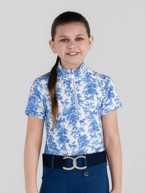 Dapplebay Kids Blue Equestrian Toile 1/4 Zip - Short Sleeve