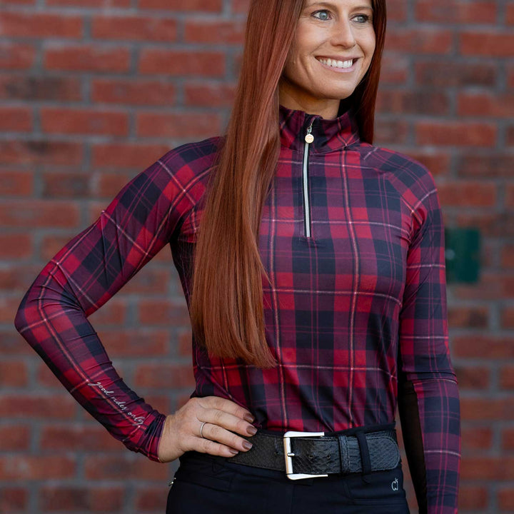 Dapplebay Holiday Plaid 1/4 Zip Light Riding Top - Red